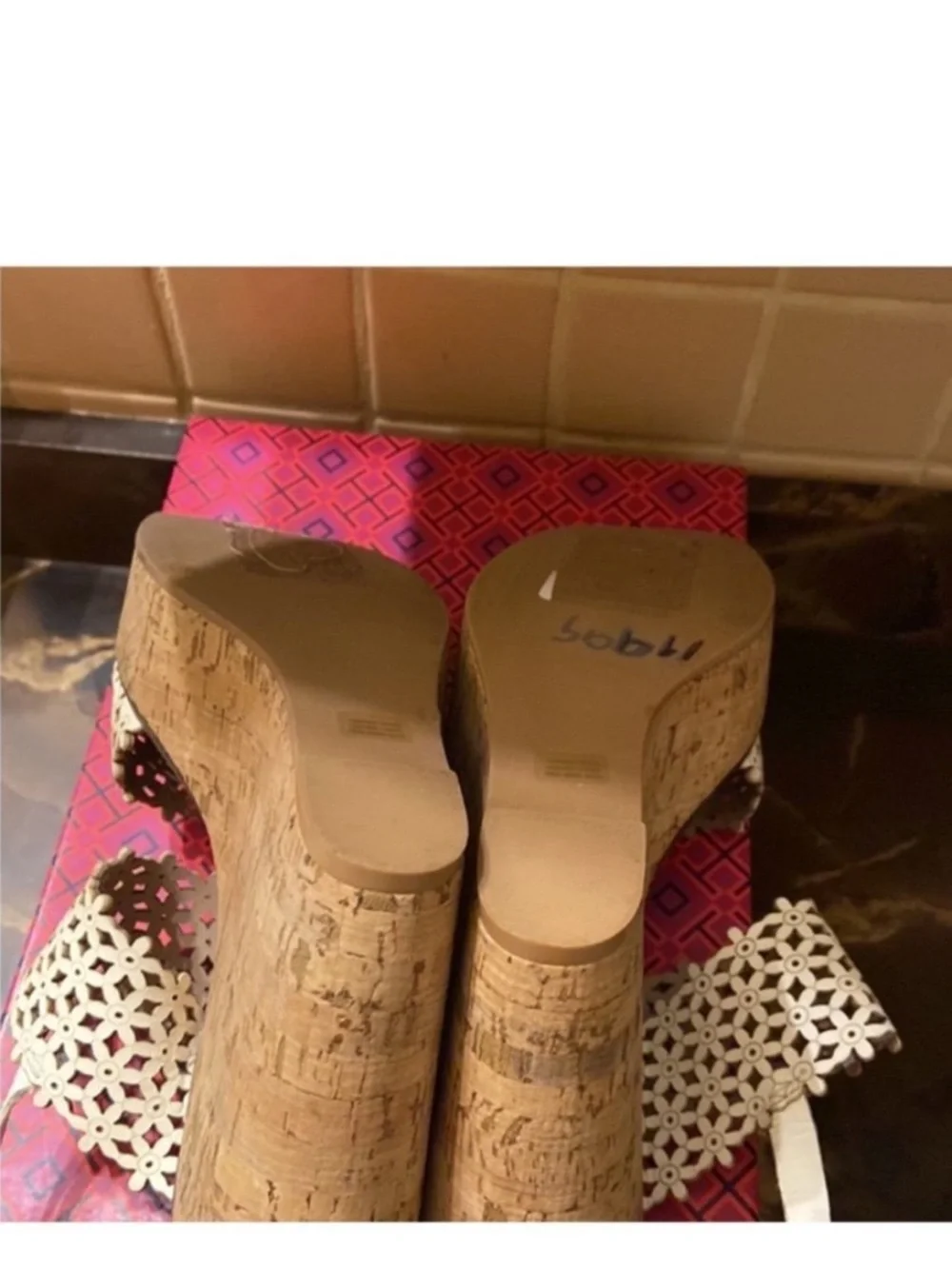 Tory Burch Women Cream Laser-Cut Cork Wedge Sandals. 11